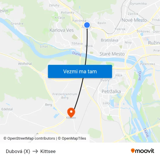 Dubová (X) to Kittsee map