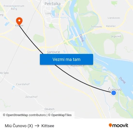 Miú Čunovo (X) to Kittsee map