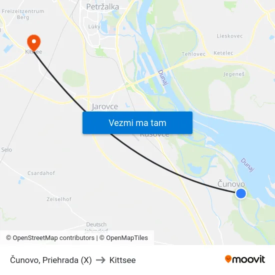 Čunovo, Priehrada (X) to Kittsee map