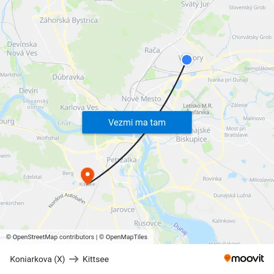 Koniarkova (X) to Kittsee map