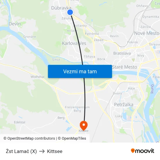 Žst Lamač (X) to Kittsee map