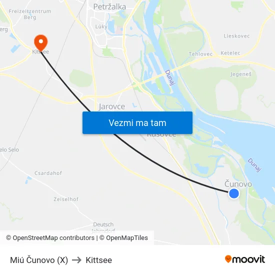 Miú Čunovo (X) to Kittsee map