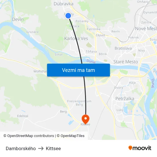 Damborského to Kittsee map