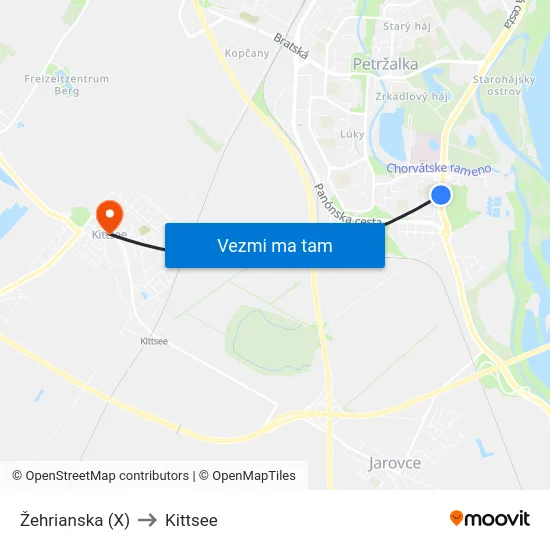 Žehrianska (X) to Kittsee map