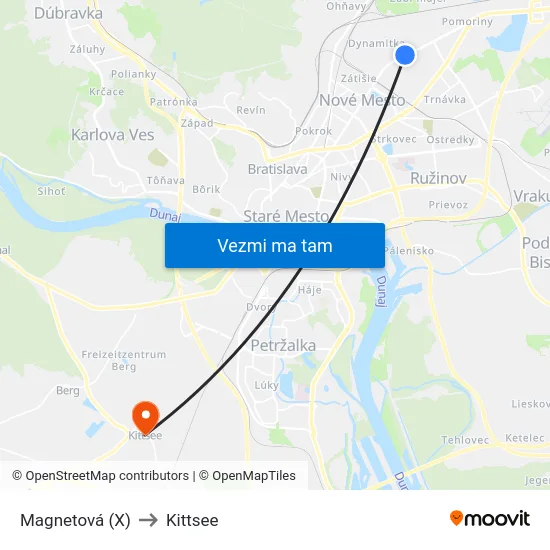 Magnetová (X) to Kittsee map