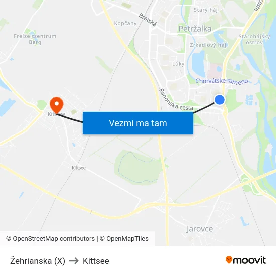 Žehrianska (X) to Kittsee map