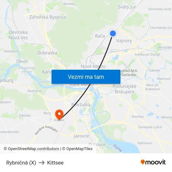 Rybničná (X) to Kittsee map