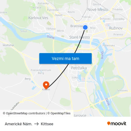 Americké Nám. to Kittsee map