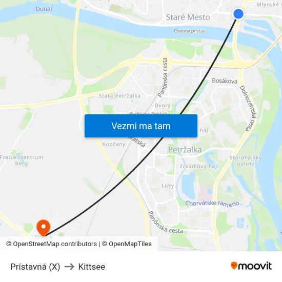 Prístavná (X) to Kittsee map