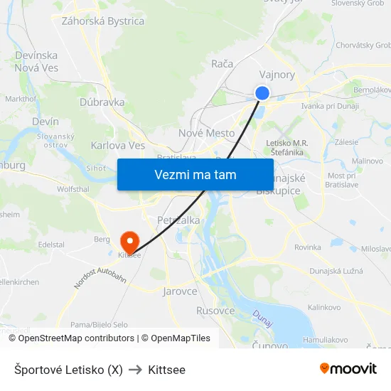 Športové Letisko (X) to Kittsee map