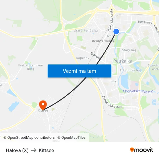 Hálova (X) to Kittsee map