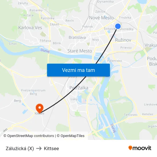 Zálužická (X) to Kittsee map