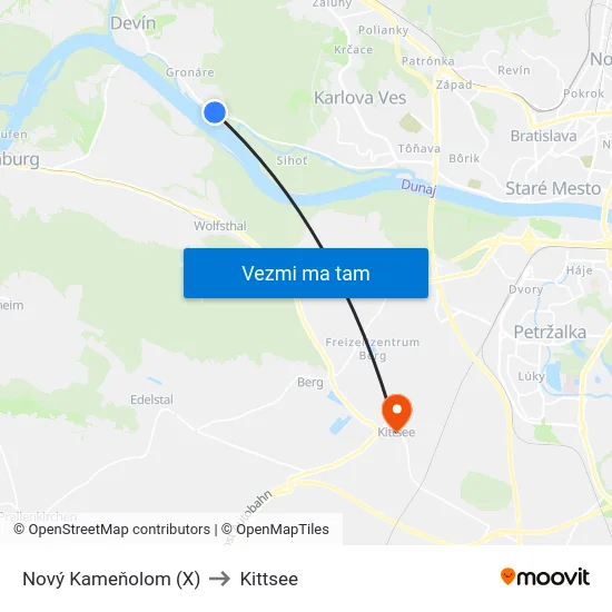 Nový Kameňolom (X) to Kittsee map