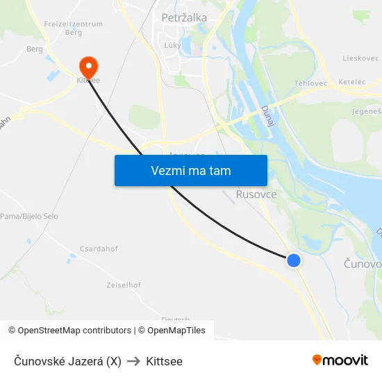 Čunovské Jazerá (X) to Kittsee map