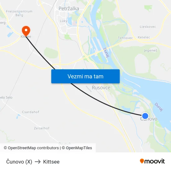Čunovo (X) to Kittsee map