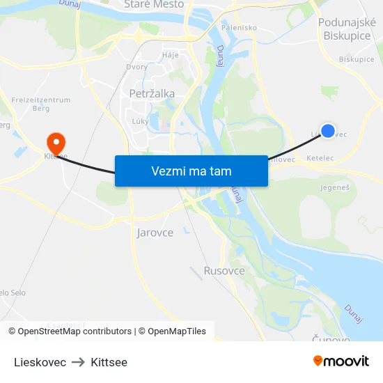 Lieskovec to Kittsee map