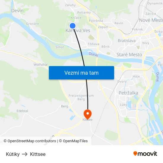 Kútiky to Kittsee map