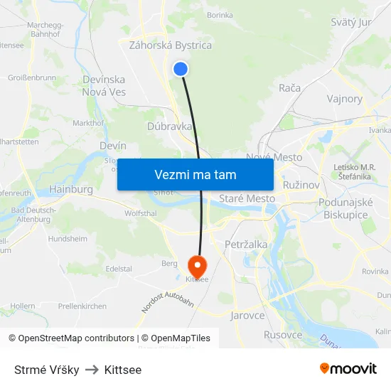 Strmé Vŕšky to Kittsee map