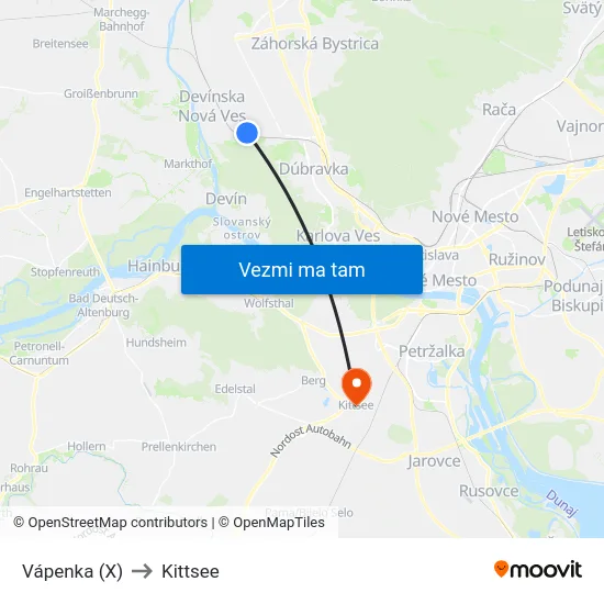 Vápenka (X) to Kittsee map
