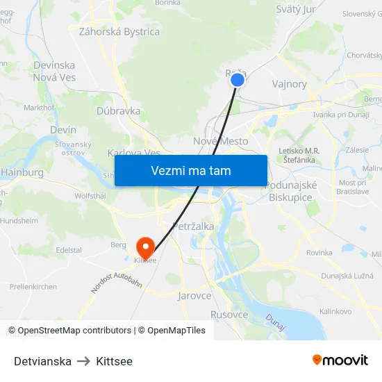 Detvianska to Kittsee map
