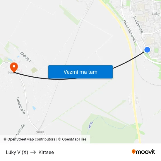 Lúky V (X) to Kittsee map