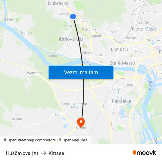 Húščavova (X) to Kittsee map