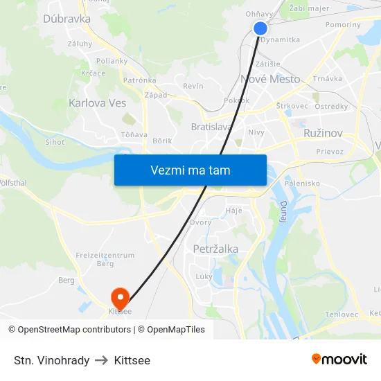 Stn. Vinohrady to Kittsee map