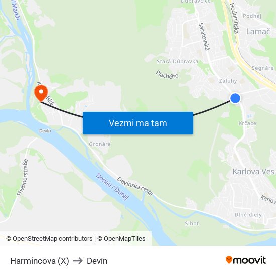 Harmincova (X) to Devín map