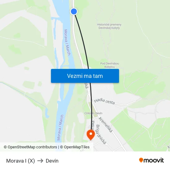 POD Dev. Kobylou (X) to Devín map