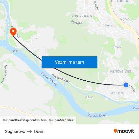 Segnerova to Devín map