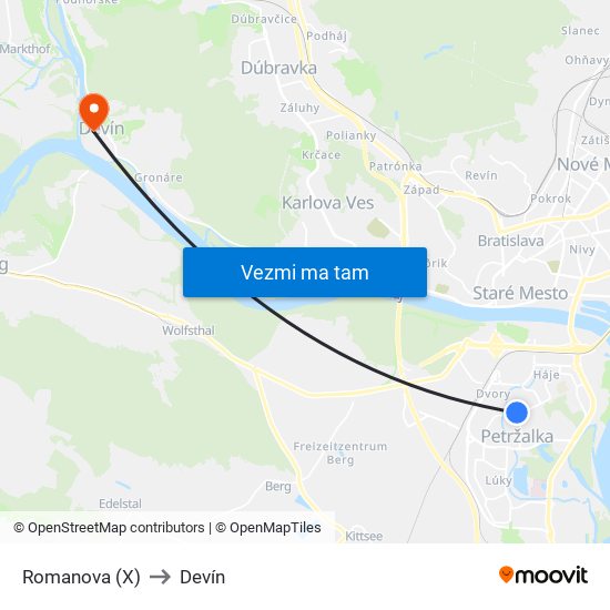 Romanova (X) to Devín map