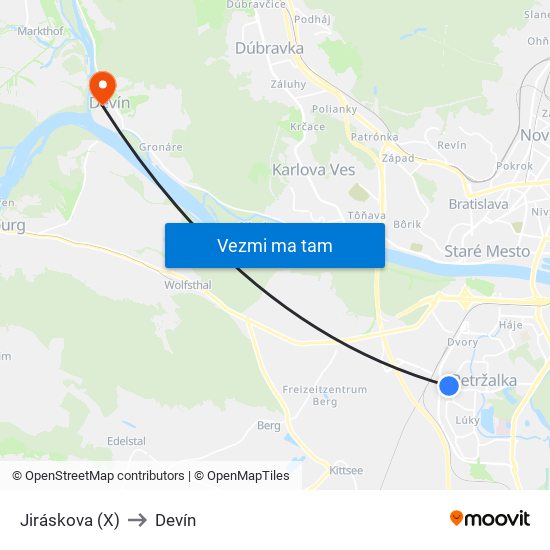 Jiráskova (X) to Devín map