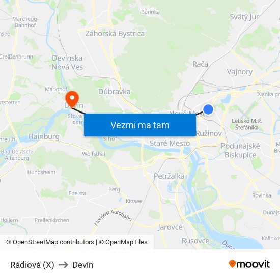 Rádiová (X) to Devín map