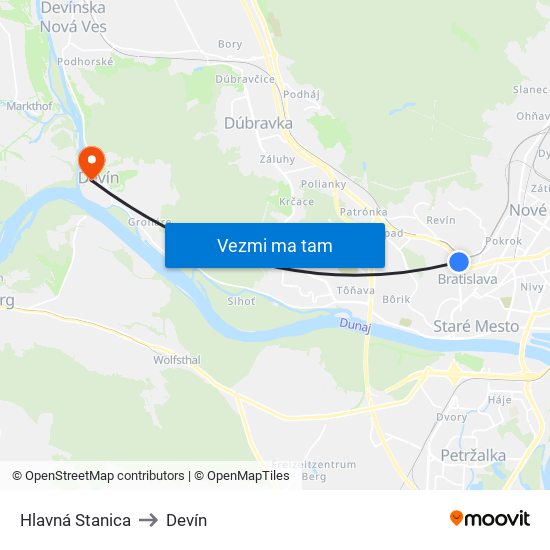 Hlavná Stanica to Devín map