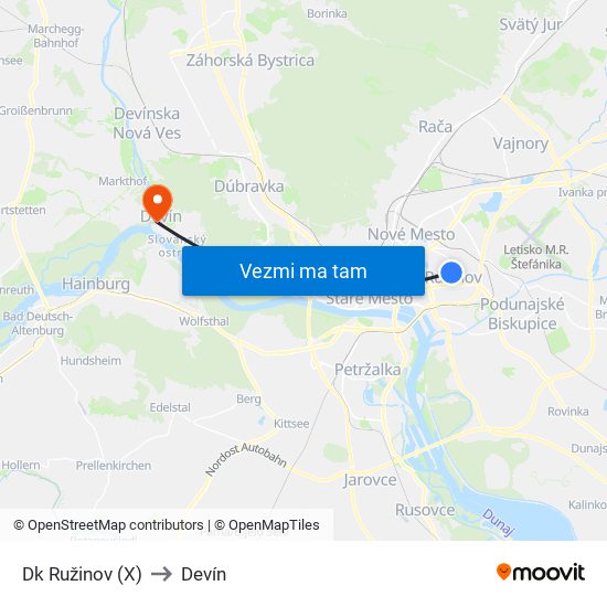 Dk Ružinov (X) to Devín map