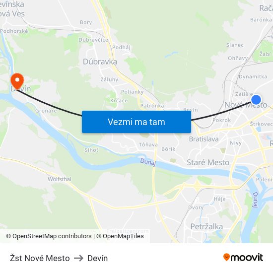 Žst Nové Mesto to Devín map