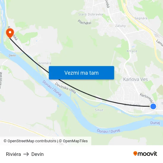 Riviéra to Devín map