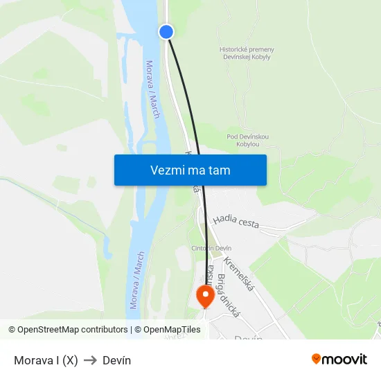 POD Dev. Kobylou (X) to Devín map