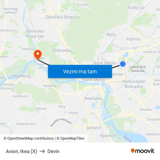 Avion, Ikea (X) to Devín map