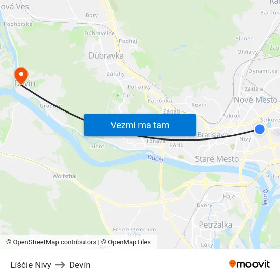 Líščie Nivy to Devín map