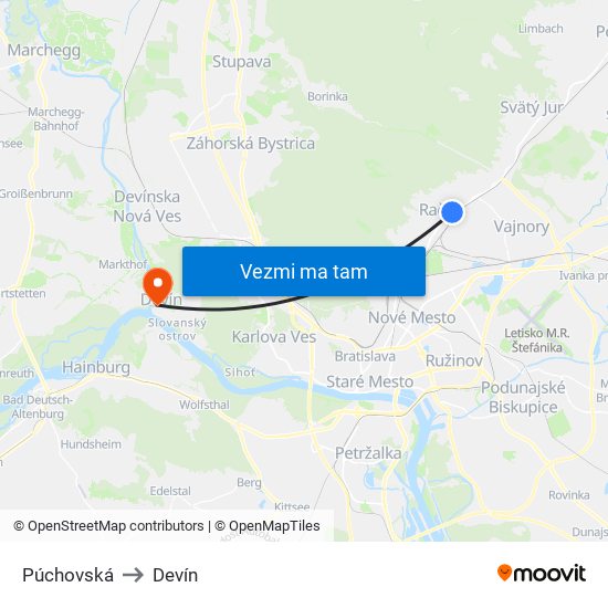 Púchovská to Devín map