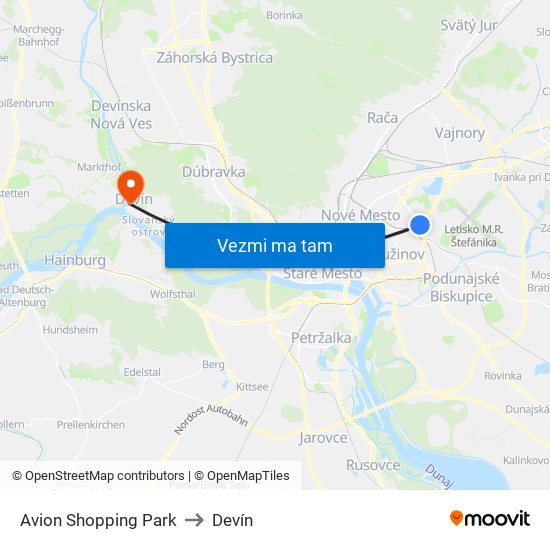 Avion Shopping Park to Devín map