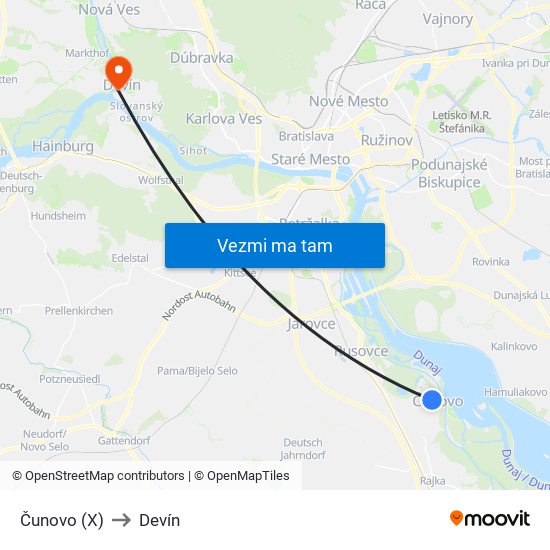 Čunovo (X) to Devín map