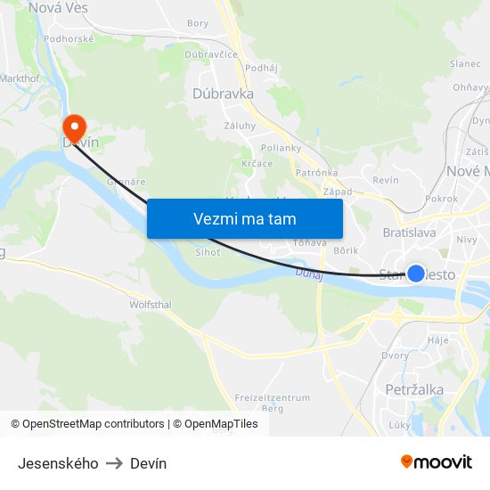 Jesenského to Devín map