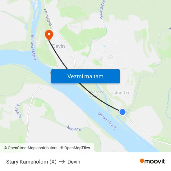Starý Kameňolom (X) to Devín map