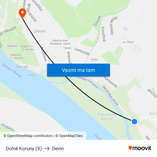 Dolné Koruny (X) to Devín map