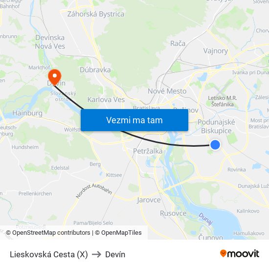 Lieskovská Cesta (X) to Devín map