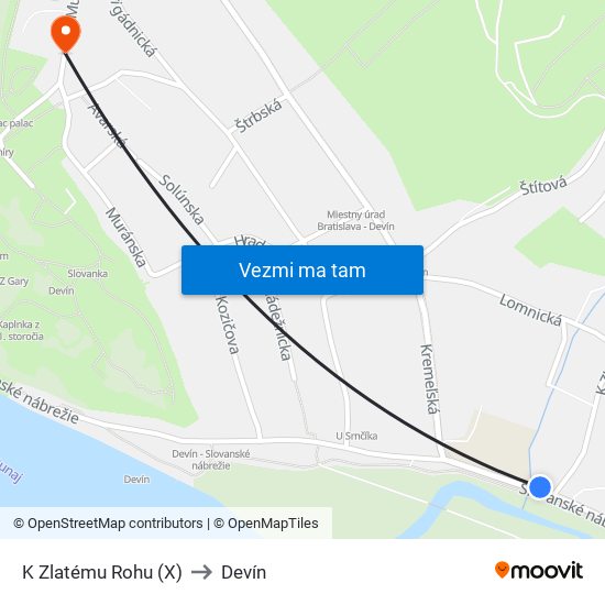 K Zlatému Rohu (X) to Devín map