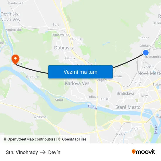 Stn. Vinohrady to Devín map