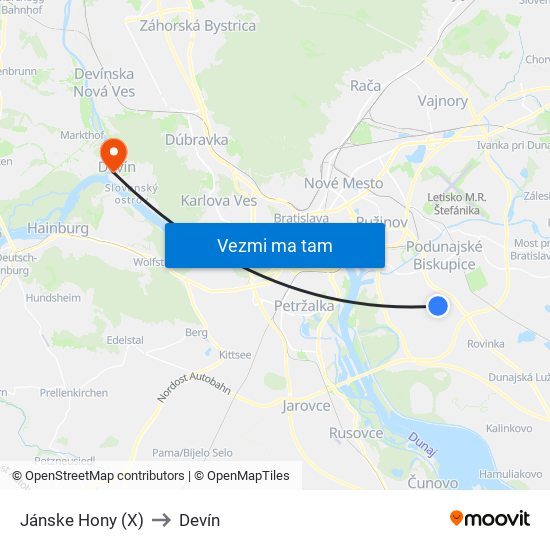Jánske Hony (X) to Devín map
